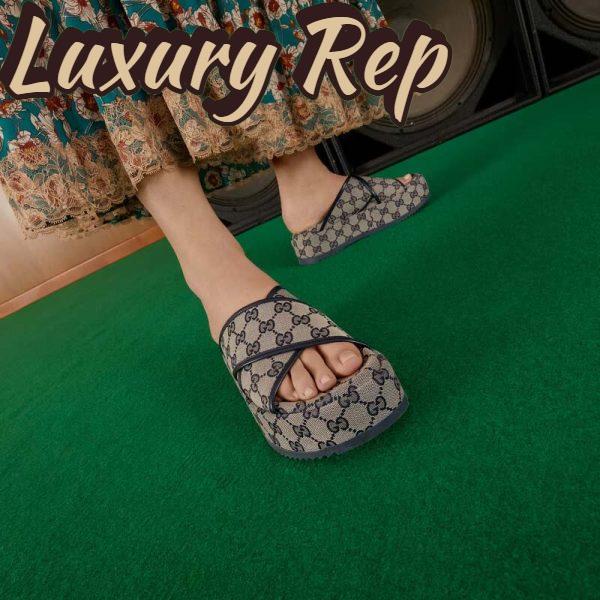 Replica Gucci Women Platform Slide Sandal Beige Blue Original GG Canvas Rubber Sole Low Heel 12