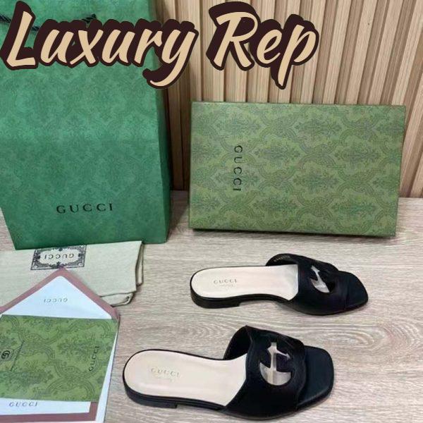 Replica Gucci Women Interlocking G Cut Out Slide Sandal Black Leather Flat 3