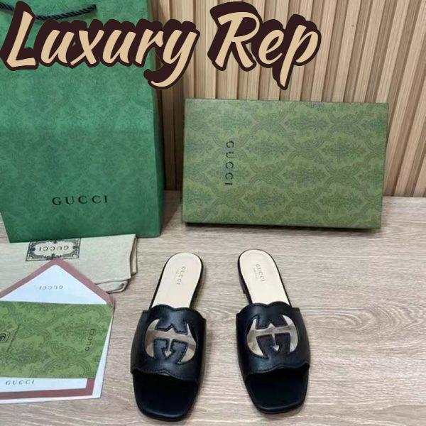 Replica Gucci Women Interlocking G Cut Out Slide Sandal Black Leather Flat 4