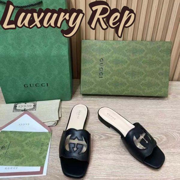 Replica Gucci Women Interlocking G Cut Out Slide Sandal Black Leather Flat 5