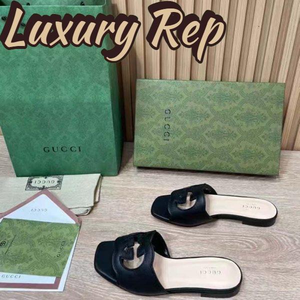 Replica Gucci Women Interlocking G Cut Out Slide Sandal Black Leather Flat 6