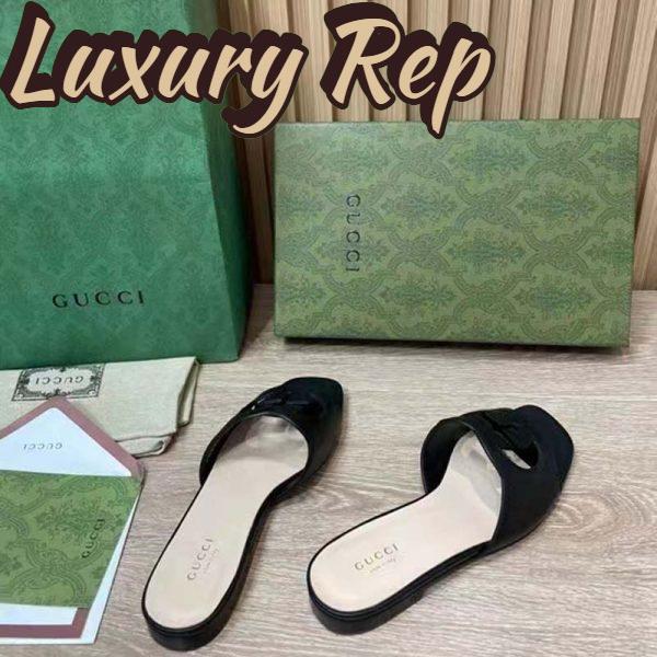 Replica Gucci Women Interlocking G Cut Out Slide Sandal Black Leather Flat 7