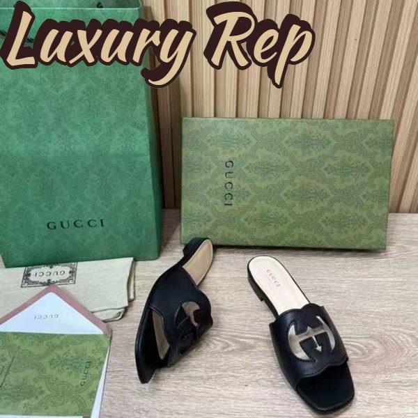 Replica Gucci Women Interlocking G Cut Out Slide Sandal Black Leather Flat 8