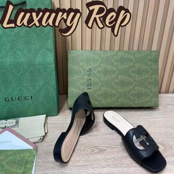 Replica Gucci Women Interlocking G Cut Out Slide Sandal Black Leather Flat 9