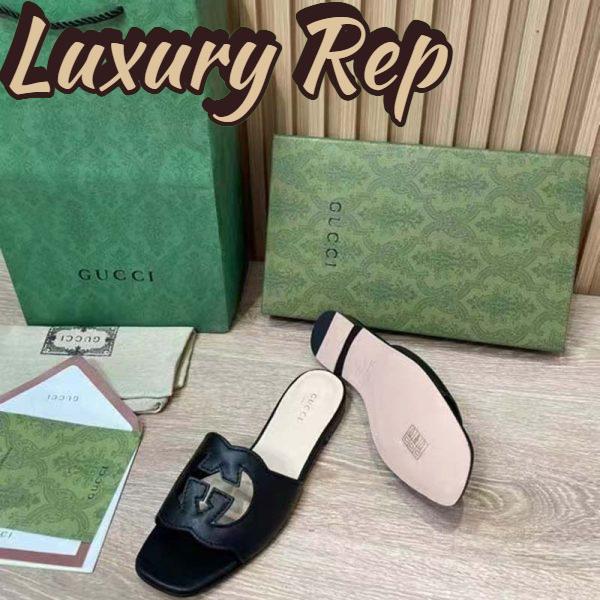 Replica Gucci Women Interlocking G Cut Out Slide Sandal Black Leather Flat 10