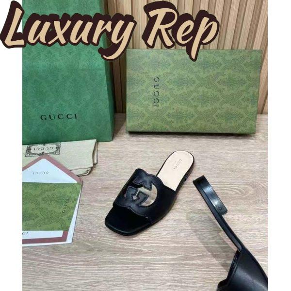 Replica Gucci Women Interlocking G Cut Out Slide Sandal Black Leather Flat 11