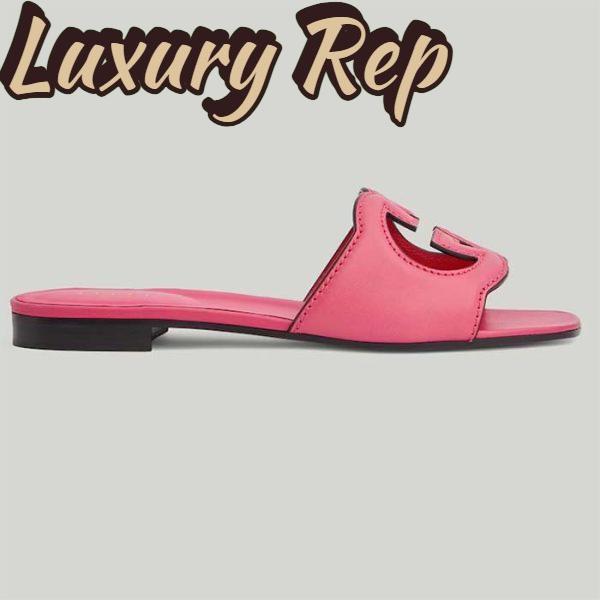 Replica Gucci Women Interlocking G Cut Out Slide Sandal Dark Pink Leather Flat 2