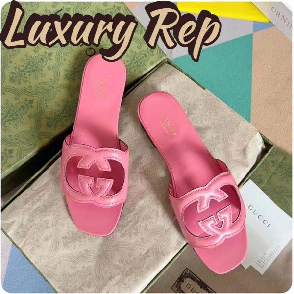 Replica Gucci Women Interlocking G Cut Out Slide Sandal Dark Pink Leather Flat 3