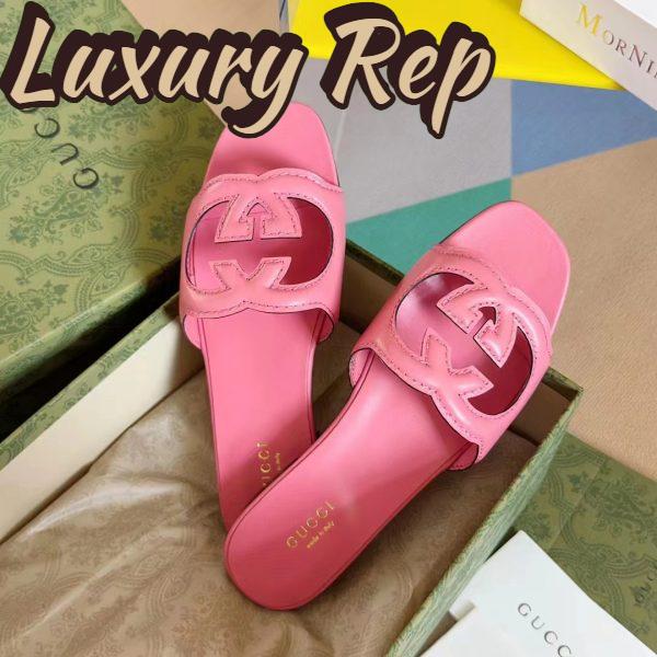 Replica Gucci Women Interlocking G Cut Out Slide Sandal Dark Pink Leather Flat 4