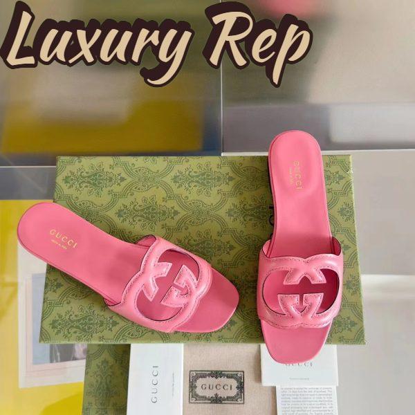 Replica Gucci Women Interlocking G Cut Out Slide Sandal Dark Pink Leather Flat 5