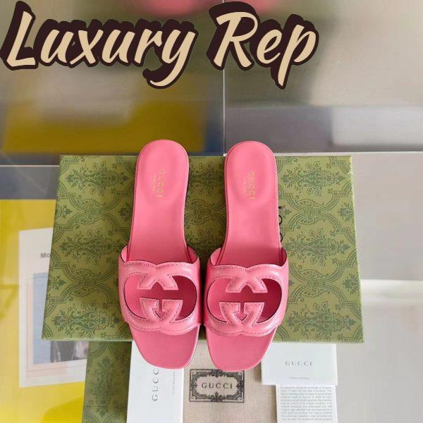 Replica Gucci Women Interlocking G Cut Out Slide Sandal Dark Pink Leather Flat 6