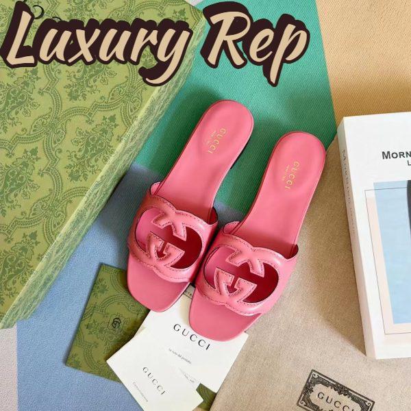 Replica Gucci Women Interlocking G Cut Out Slide Sandal Dark Pink Leather Flat 7