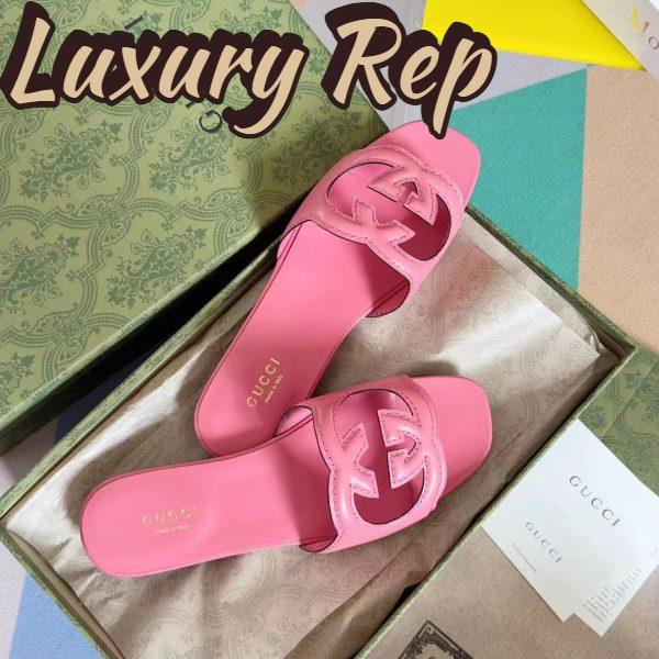 Replica Gucci Women Interlocking G Cut Out Slide Sandal Dark Pink Leather Flat 8