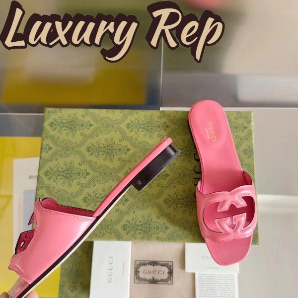 Replica Gucci Women Interlocking G Cut Out Slide Sandal Dark Pink Leather Flat 9