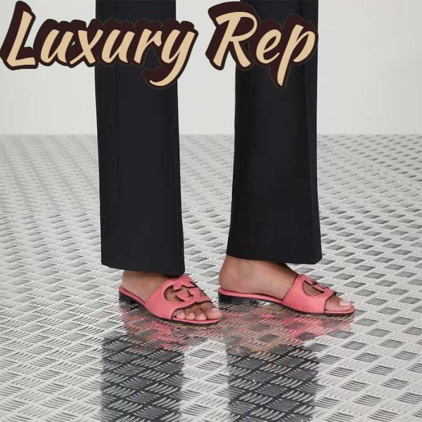 Replica Gucci Women Interlocking G Cut Out Slide Sandal Dark Pink Leather Flat 12