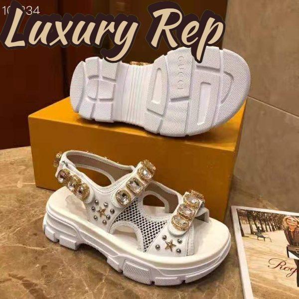 Replica Gucci Women Leather and Mesh Sandal with Crystals 4.6 cm Heel-White 3