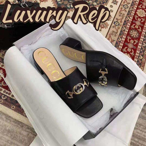 Replica Gucci Women Zumi Leather Slide Sandal Interlocking G Horsebit Black Leather 2.5 cm Heel Height 3
