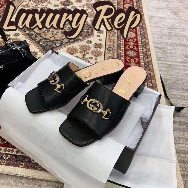 Replica Gucci Women Zumi Leather Slide Sandal Interlocking G Horsebit Black Leather 2.5 cm Heel Height 4