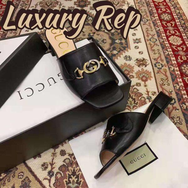 Replica Gucci Women Zumi Leather Slide Sandal Interlocking G Horsebit Black Leather 2.5 cm Heel Height 6