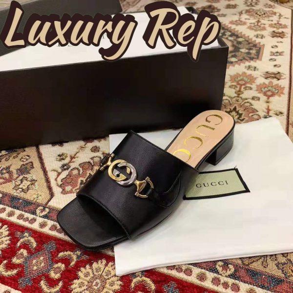 Replica Gucci Women Zumi Leather Slide Sandal Interlocking G Horsebit Black Leather 2.5 cm Heel Height 7