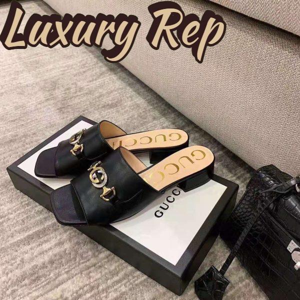 Replica Gucci Women Zumi Leather Slide Sandal Interlocking G Horsebit Black Leather 2.5 cm Heel Height 9