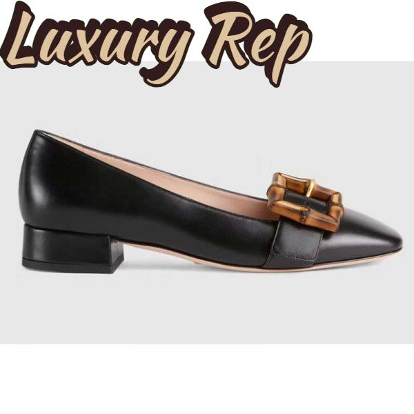 Replica Gucci Women’s GG Ballet Flat Bamboo Buckle Black Leather Round Toe Chunky Heel