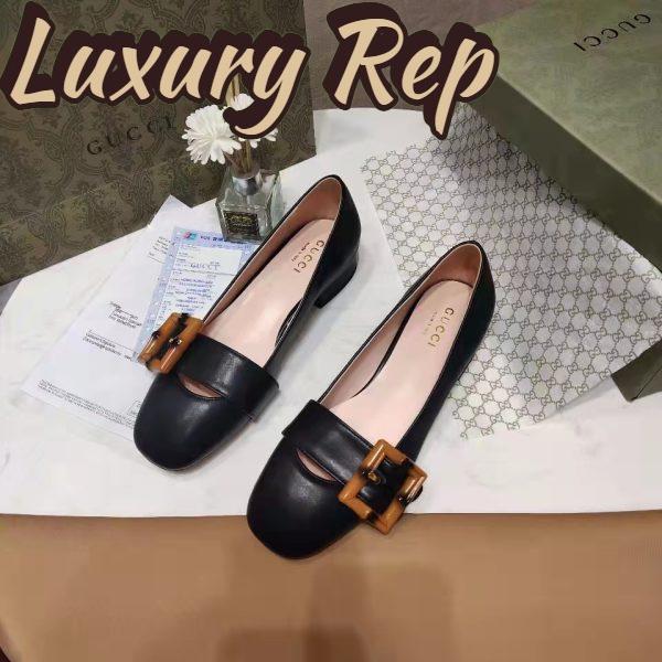 Replica Gucci Women’s GG Ballet Flat Bamboo Buckle Black Leather Round Toe Chunky Heel 3