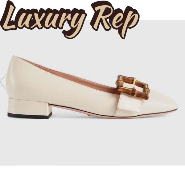 Replica Gucci Women’s GG Ballet Flat Bamboo Buckle White Leather Round Toe Chunky Heel 2