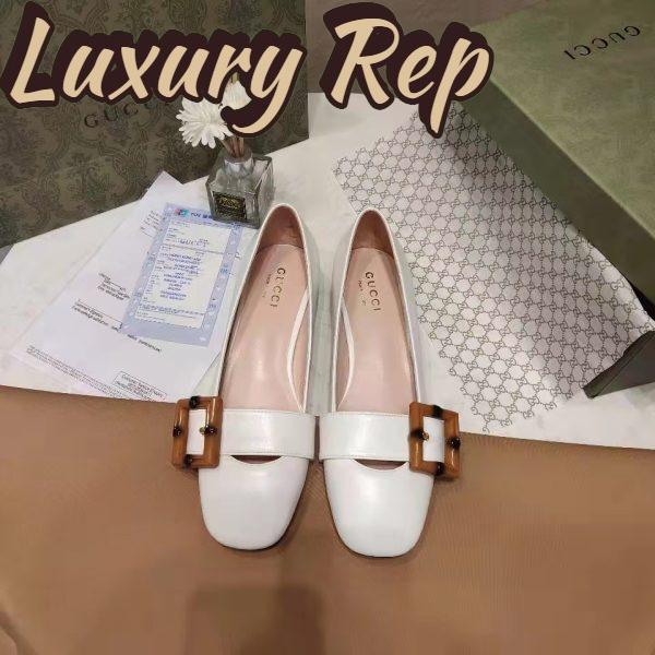 Replica Gucci Women’s GG Ballet Flat Bamboo Buckle White Leather Round Toe Chunky Heel 3