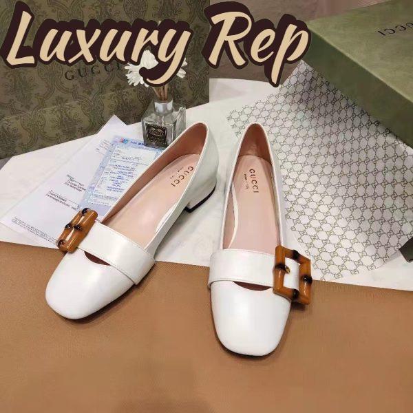 Replica Gucci Women’s GG Ballet Flat Bamboo Buckle White Leather Round Toe Chunky Heel 4