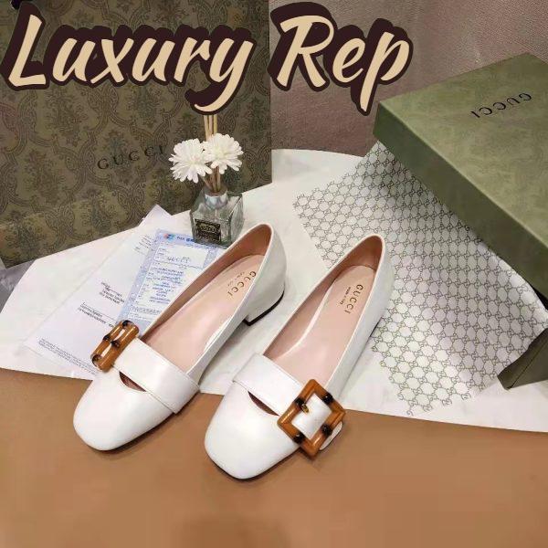 Replica Gucci Women’s GG Ballet Flat Bamboo Buckle White Leather Round Toe Chunky Heel 6