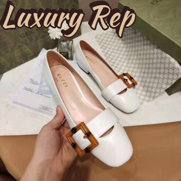 Replica Gucci Women’s GG Ballet Flat Bamboo Buckle White Leather Round Toe Chunky Heel 9