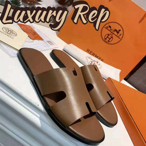 Replica Hermes Unisex Izmir Sandal in Calfskin with Iconic “H”-Brown 4