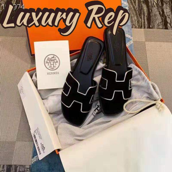 Replica Hermes Women Oran Sandal Velvet Nappa Leather Metallic Finish Iconic “H” 5