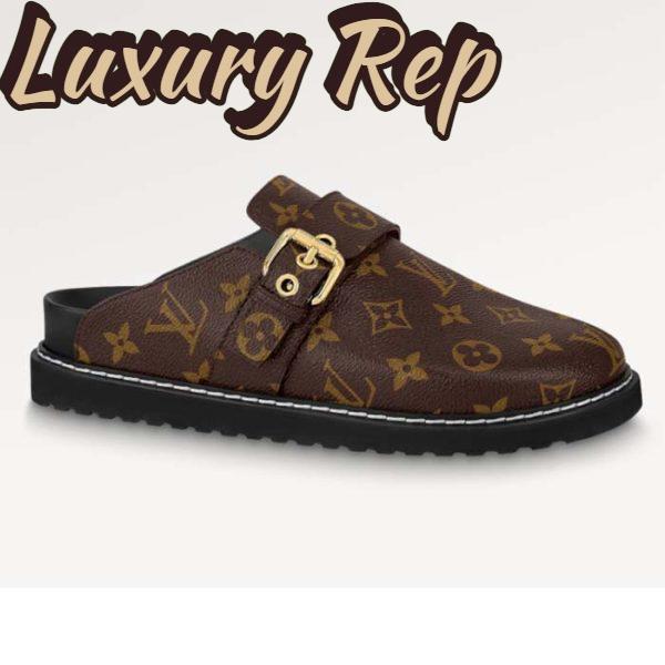 Replica Louis Vuitton LV Unisex Cosy Flat Comfort Clog Cacao Brown Patent Monogram Canvas