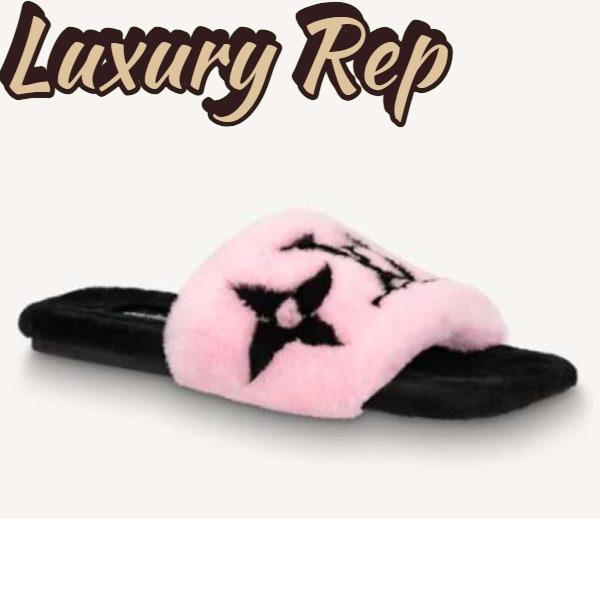 Replica Louis Vuitton LV Unisex Fay Flat Mule Rose Clair Pink Mink Leather Outsole LV Initials Monogram Flowers