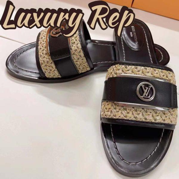 Replica Louis Vuitton LV Women Lock It Flat Mule Black Raffia Calf Leather 5