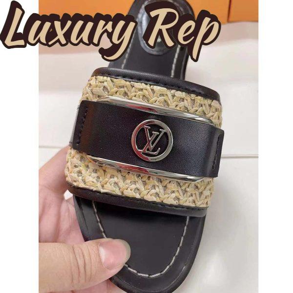 Replica Louis Vuitton LV Women Lock It Flat Mule Black Raffia Calf Leather 9