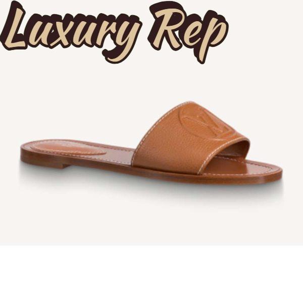 Replica Louis Vuitton LV Women Lock It Flat Mule Cognac Brown Grained Calf Leather