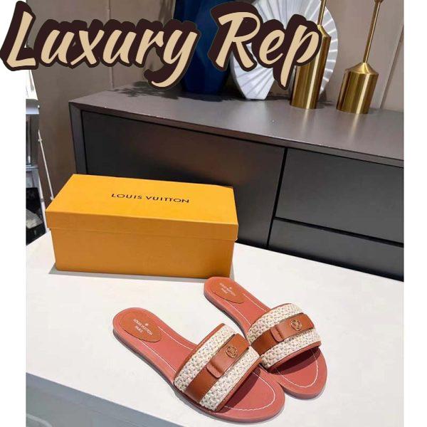 Replica Louis Vuitton LV Women Lock It Flat Mule Cognac Brown Raffia Calf Leather 3