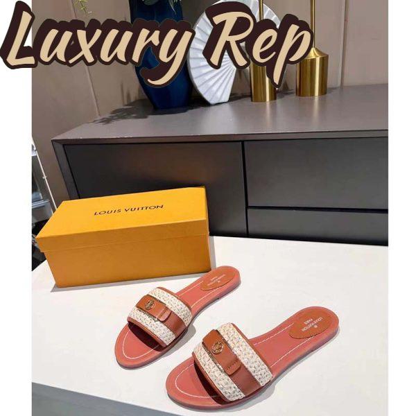Replica Louis Vuitton LV Women Lock It Flat Mule Cognac Brown Raffia Calf Leather 5