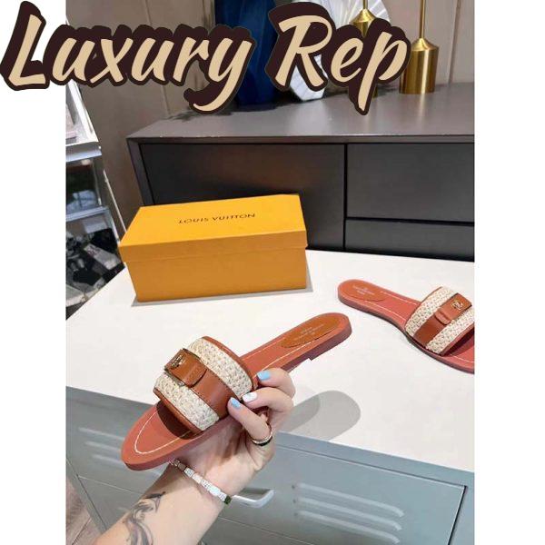 Replica Louis Vuitton LV Women Lock It Flat Mule Cognac Brown Raffia Calf Leather 7