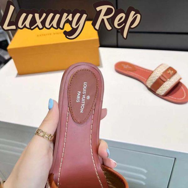 Replica Louis Vuitton LV Women Lock It Flat Mule Cognac Brown Raffia Calf Leather 9