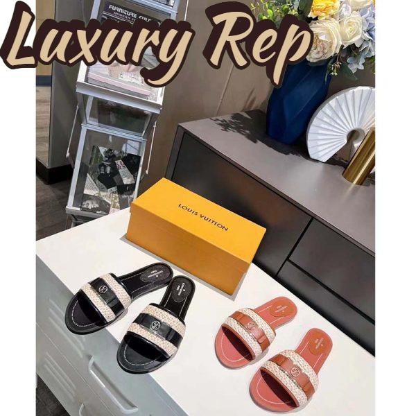 Replica Louis Vuitton LV Women Lock It Flat Mule Cognac Brown Raffia Calf Leather 10