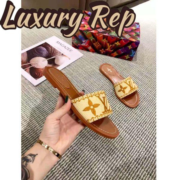 Replica Louis Vuitton LV Women Lock It Flat Mule Cognac Brown Raffia Leather Outsole 8