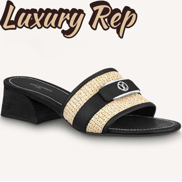 Replica Louis Vuitton LV Women Lock It Mule Black Raffia Calf Leather Circle 3.5 cm Heel