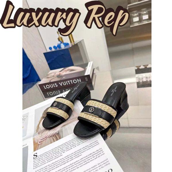 Replica Louis Vuitton LV Women Lock It Mule Black Raffia Calf Leather Circle 3.5 cm Heel 7