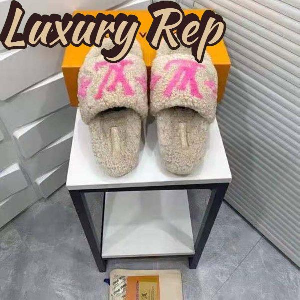 Replica Louis Vuitton LV Women Paseo Flat Comfort Mule Beige Shearling LV Initials Monogram Flowers 8