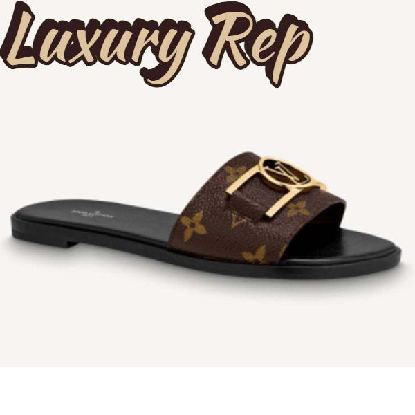 Replica Louis Vuitton Unisex Lock It Flat Mule Brown Patent Monogram Canvas Leather Outsole