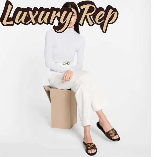 Replica Louis Vuitton Unisex Lock It Flat Mule Brown Patent Monogram Canvas Leather Outsole 8
